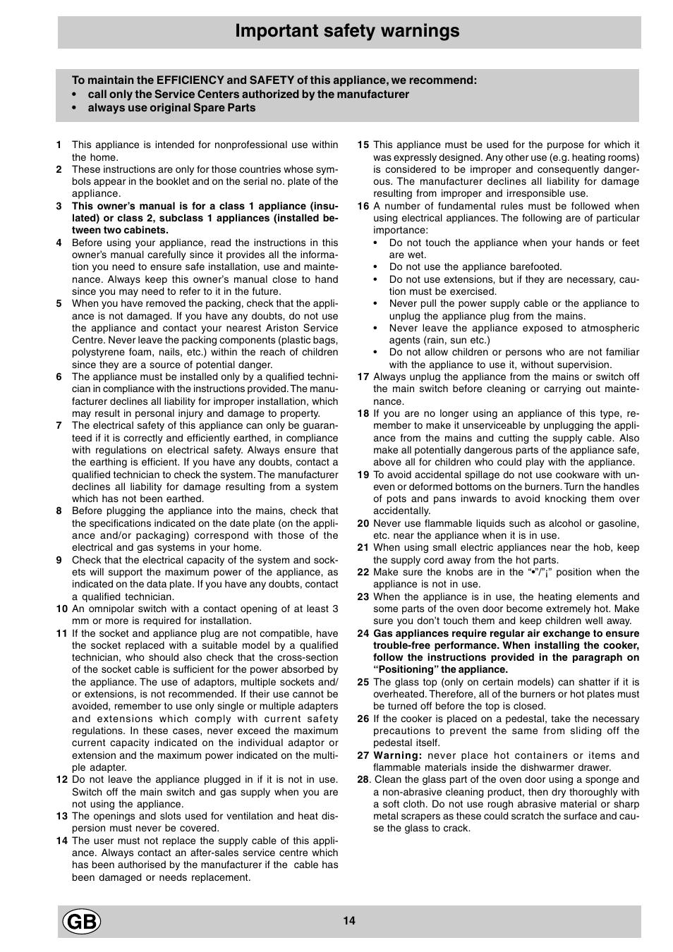 Important safety warnings | Indesit K3M11/R User Manual | Page 14 / 60