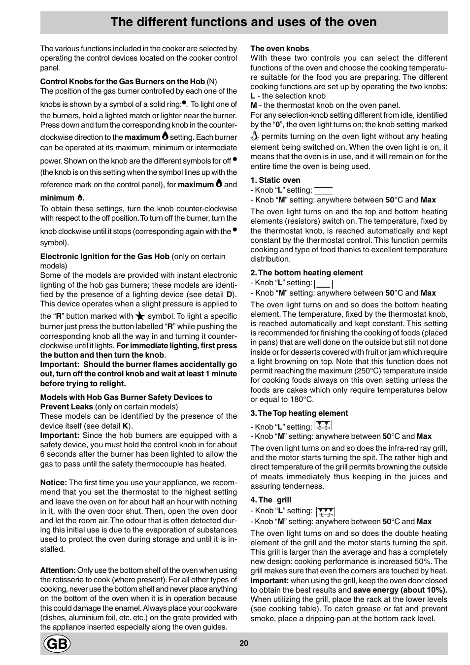 The different functions and uses of the oven | Indesit K3M11/R User Manual | Page 20 / 60