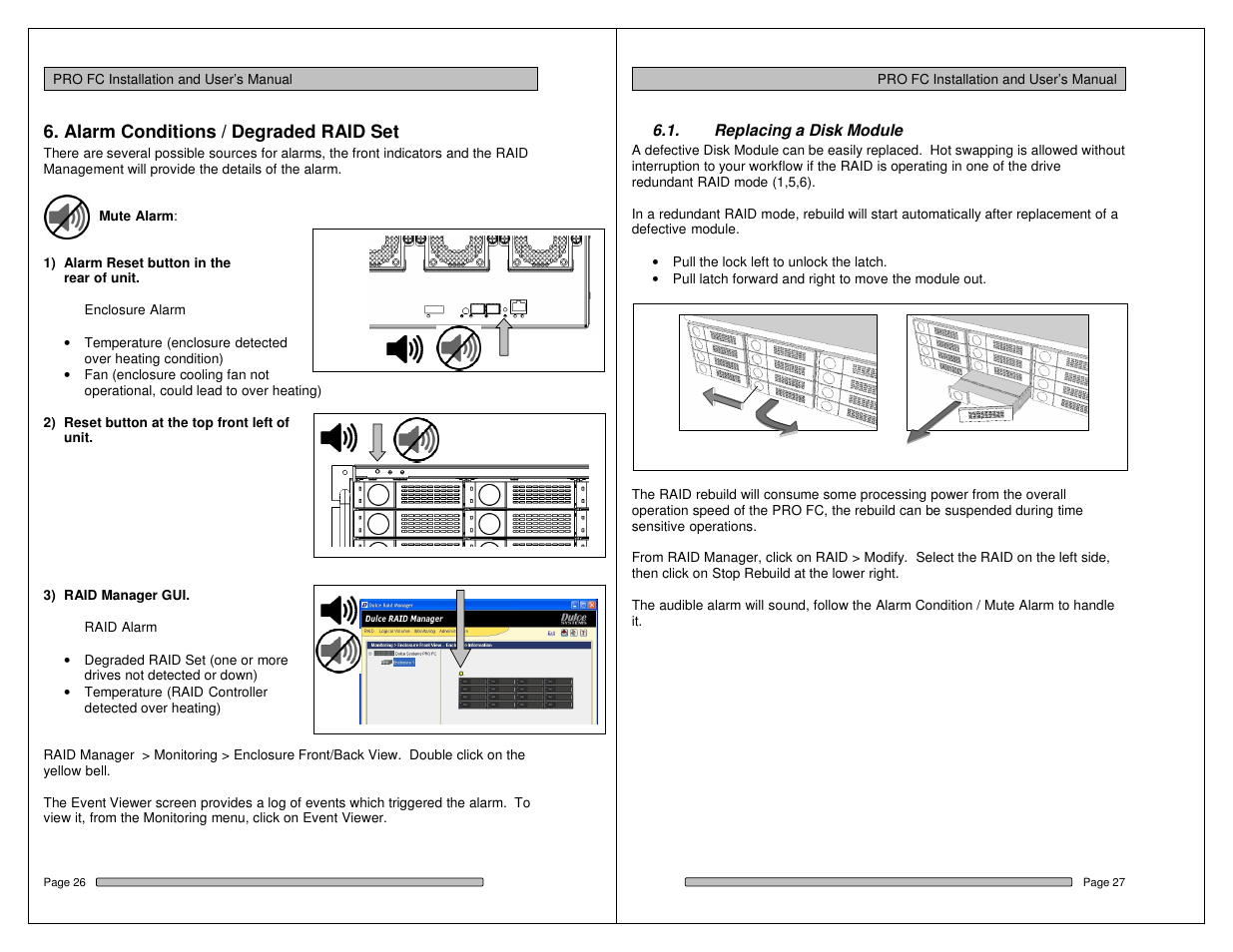 Alarm conditions / degraded raid set | Dulce Systems PRO FC User Manual | Page 14 / 19