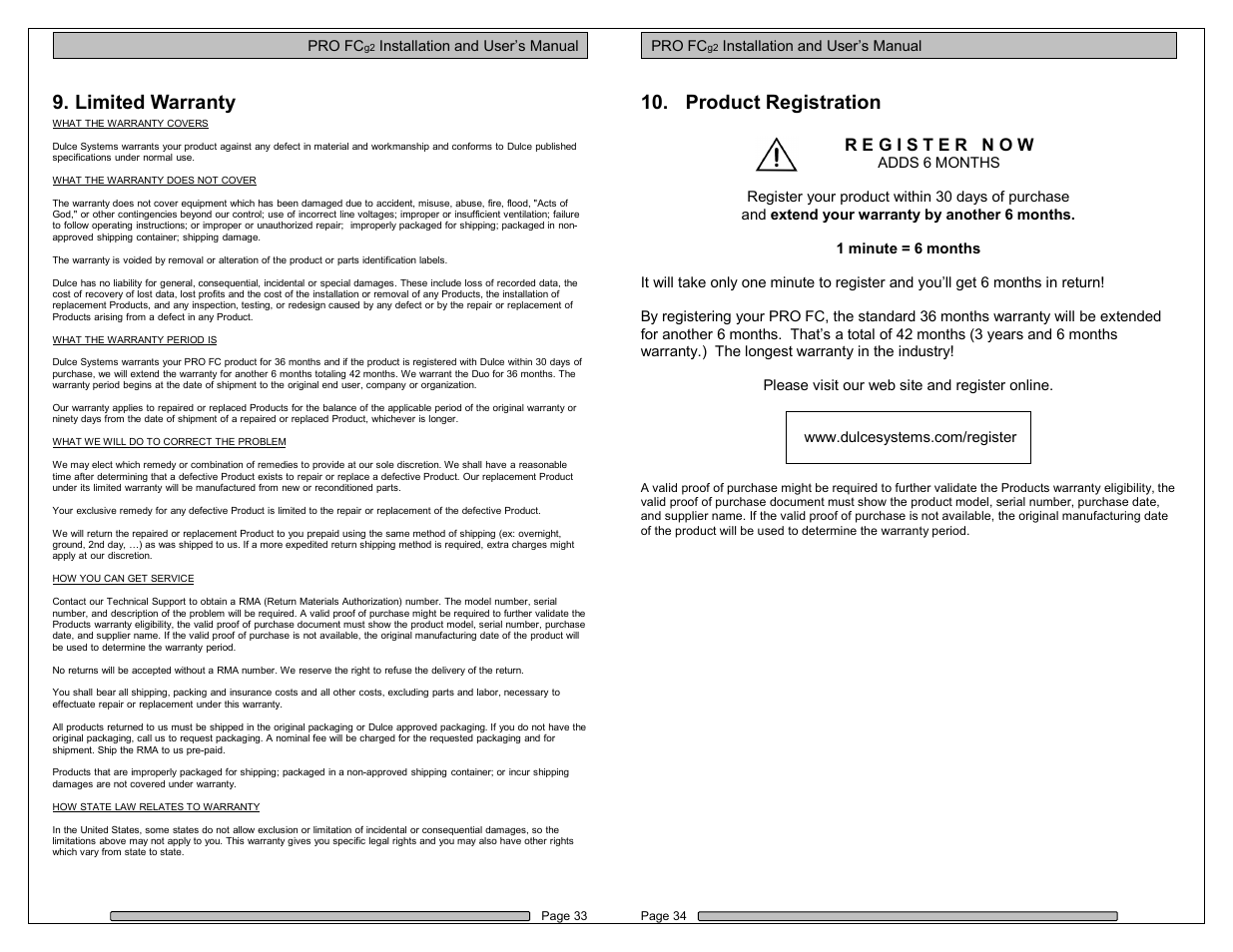 Limited warranty, Product registration | Dulce Systems PRO FC g2 User Manual | Page 17 / 18