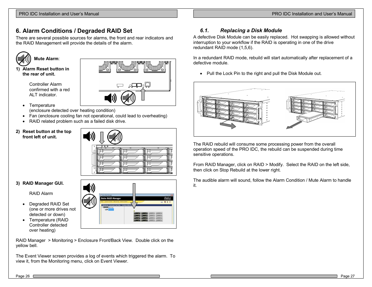 Alarm conditions / degraded raid set | Dulce Systems PRO IDC with g2 trays User Manual | Page 14 / 19