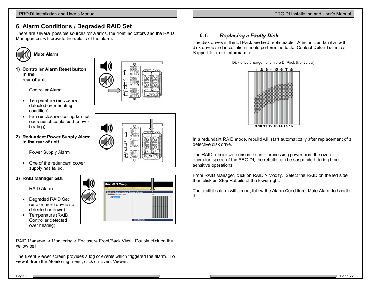 Alarm conditions / degraded raid set | Dulce Systems PRO DI User Manual | Page 14 / 19