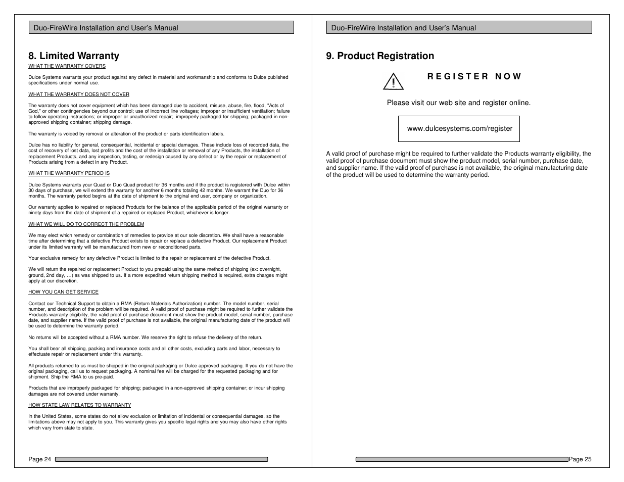 Limited warranty, Product registration | Dulce Systems Duo-FireWire User Manual | Page 13 / 15
