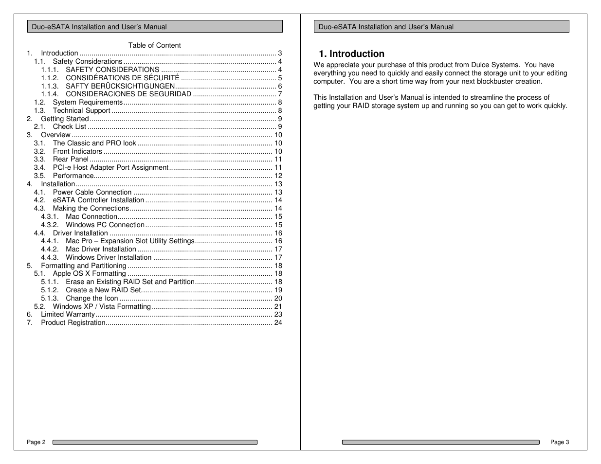 Introduction | Dulce Systems Duo-eSATA User Manual | Page 2 / 13
