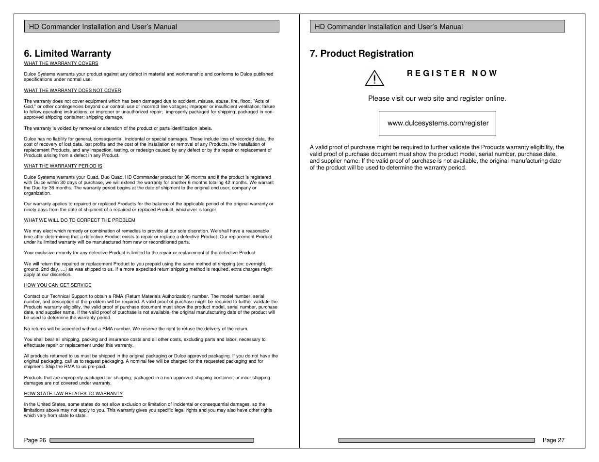 Limited warranty, Product registration | Dulce Systems HD Commander User Manual | Page 14 / 15