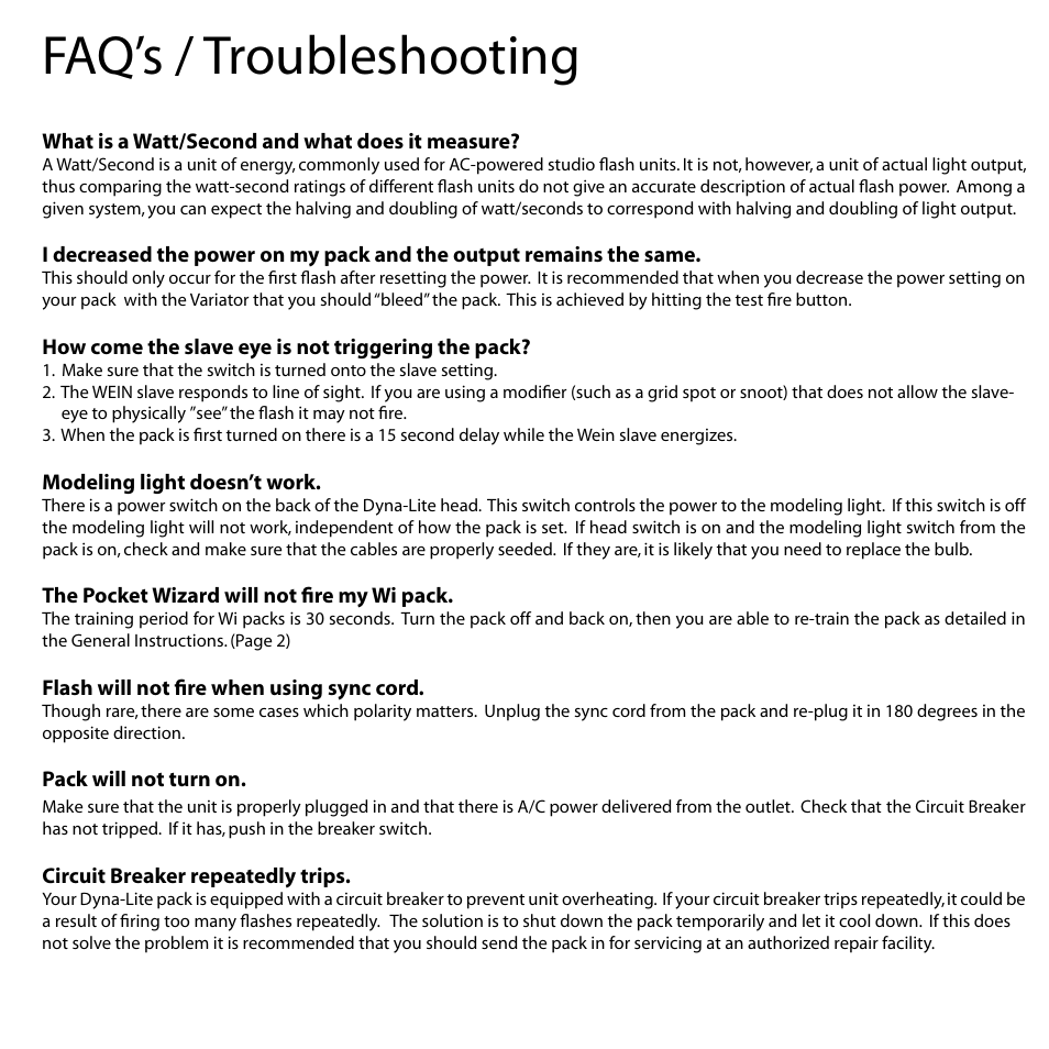 Faq’s / troubleshooting | Dynalite Power Pack User Manual | Page 11 / 12