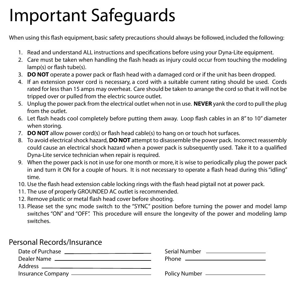Important safeguards, Personal records/insurance | Dynalite Power Pack User Manual | Page 3 / 12