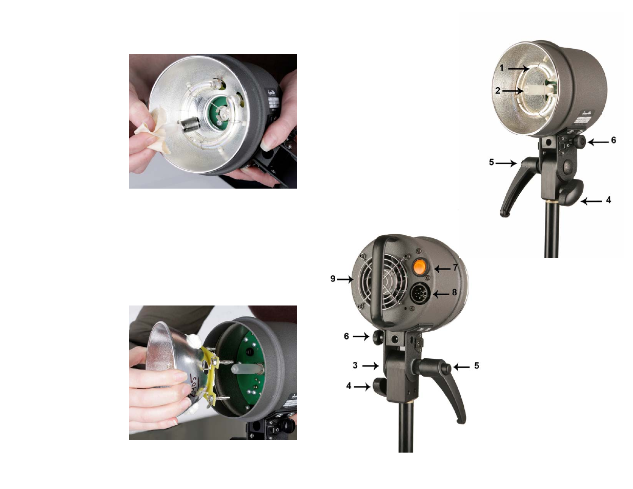 Replacement of the modeling lamp, Replacement of the flash tube, Parts designation | Dynalite MH2050 Fan Cooled Strobe Head User Manual | Page 3 / 4