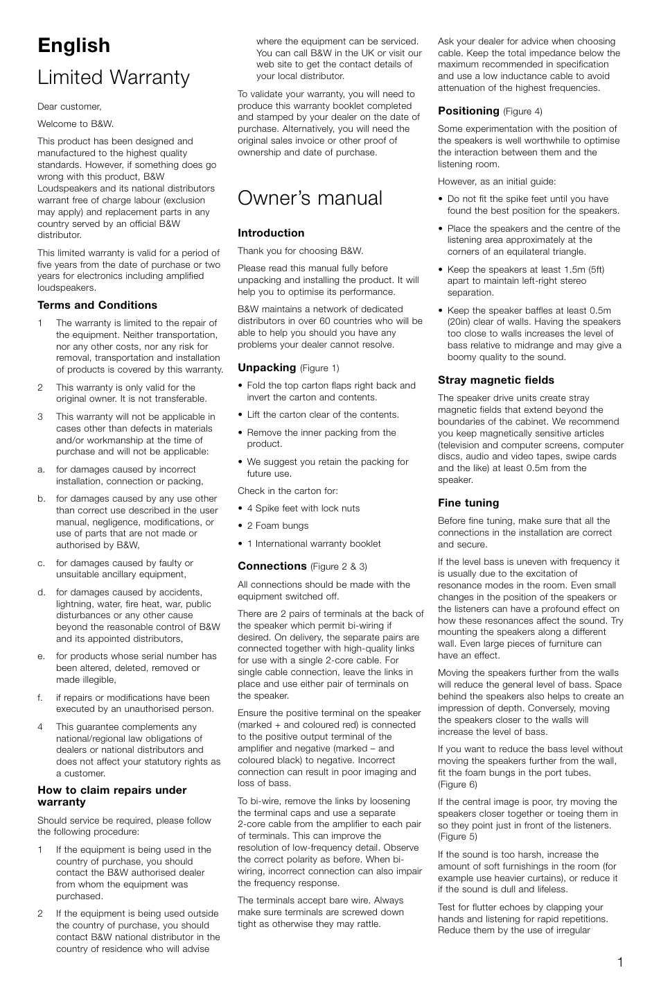 English limited warranty, Owner’s manual | Bowers & Wilkins CM6 User Manual | Page 4 / 29