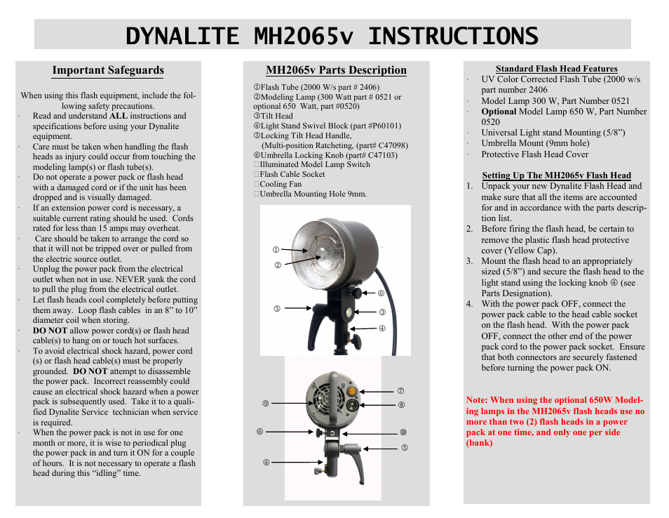 Dynalite mh2065v instructions, Important safeguards, Mh2065v parts description | Dynalite MH2065v User Manual | Page 2 / 2