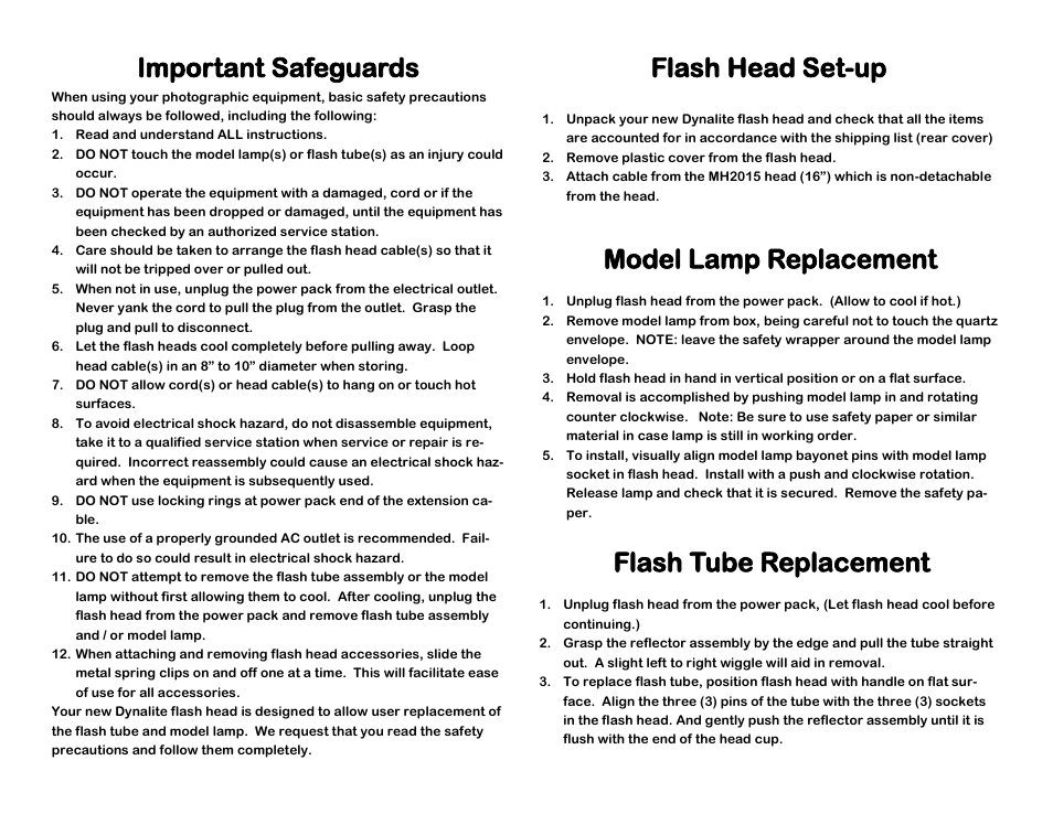 Important safeguards, Flash head set-up, Model lamp replacement | Flash tube replacement | Dynalite MH2015 Flash Head User Manual | Page 2 / 2