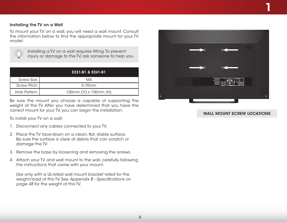 Installing the tv on a wall | Vizio E231-B1 - User Manual User Manual | Page 12 / 58