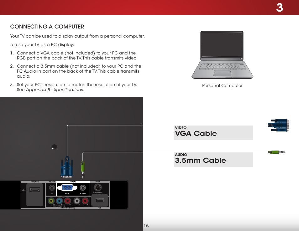 Connecting a computer, Vga cable, 5mm cable | Vizio E231-B1 - User Manual User Manual | Page 21 / 58