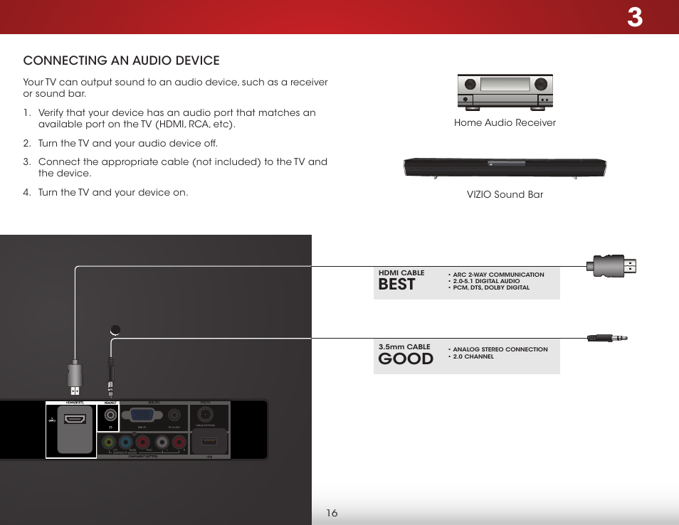 Connecting an audio device, Best, Good | Vizio E231-B1 - User Manual User Manual | Page 22 / 58