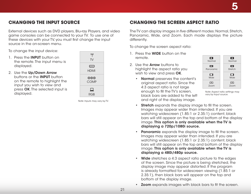 Changing the input source, Changing the screen aspect ratio | Vizio E231-B1 - User Manual User Manual | Page 27 / 58