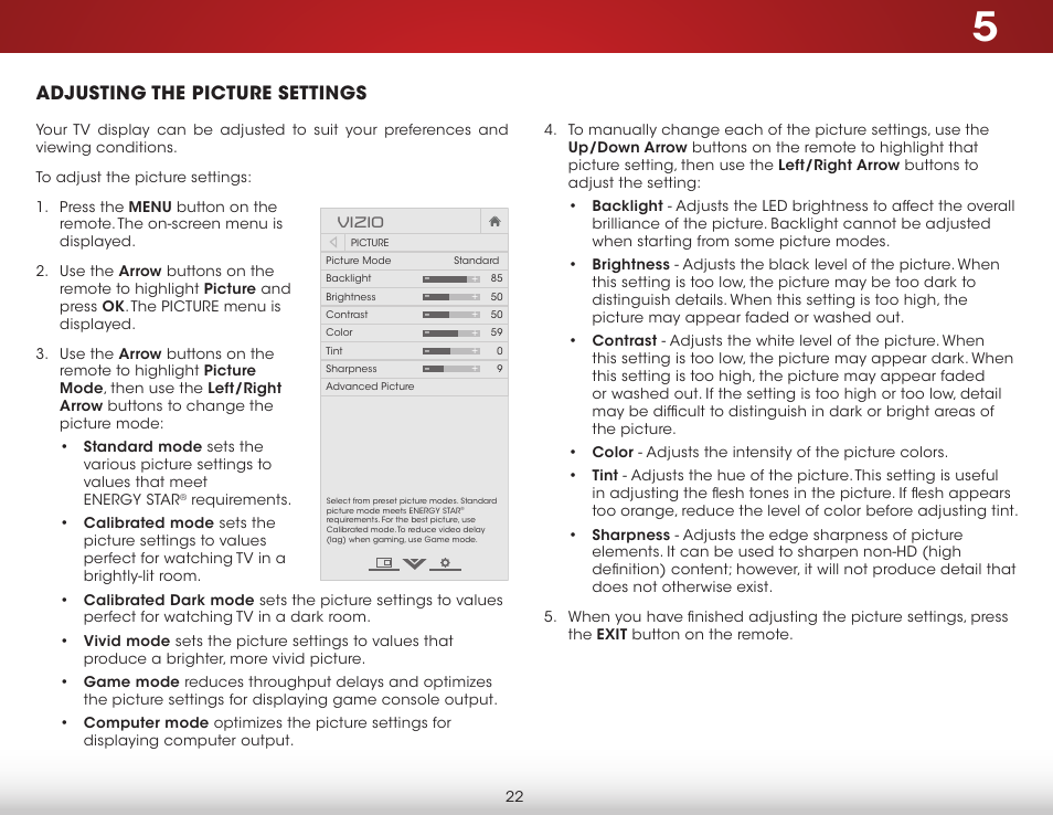 Adjusting the picture settings | Vizio E231-B1 - User Manual User Manual | Page 28 / 58