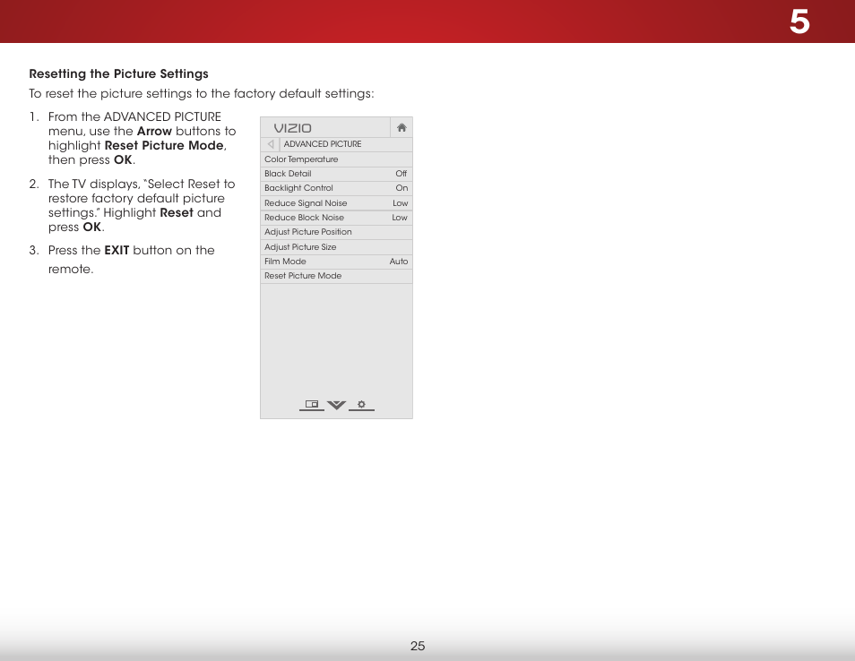 Resetting the picture settings, Vizio | Vizio E231-B1 - User Manual User Manual | Page 31 / 58
