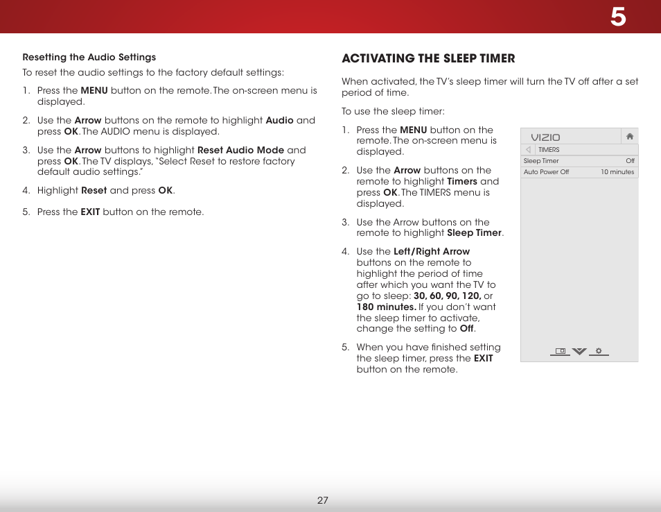 Resetting the audio settings, Activating the sleep timer | Vizio E231-B1 - User Manual User Manual | Page 33 / 58