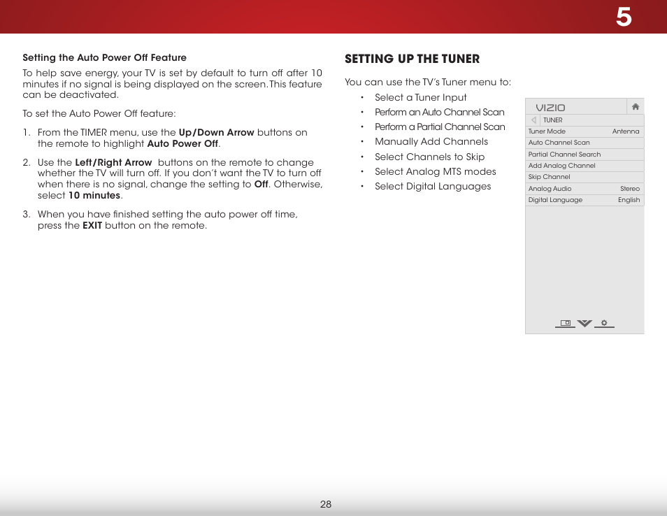 Setting the auto power off feature, Setting up the tuner | Vizio E231-B1 - User Manual User Manual | Page 34 / 58