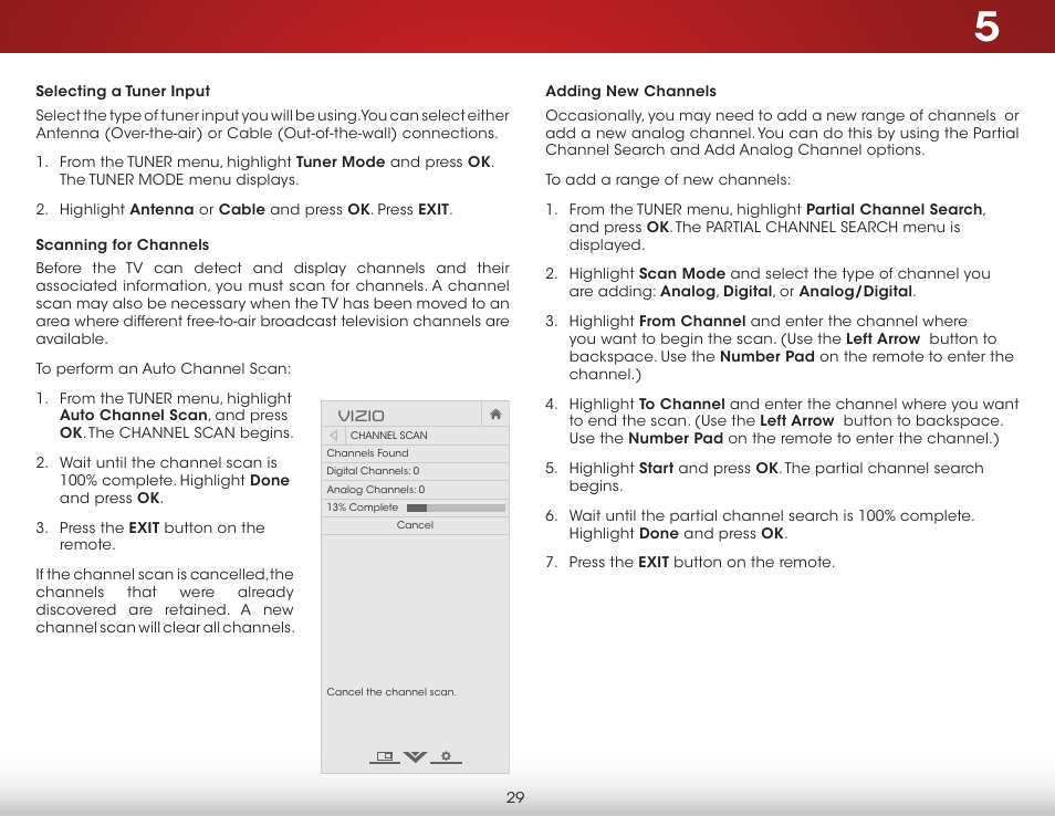 Selecting a tuner input, Scanning for channels, Adding new channels | Vizio E231-B1 - User Manual User Manual | Page 35 / 58