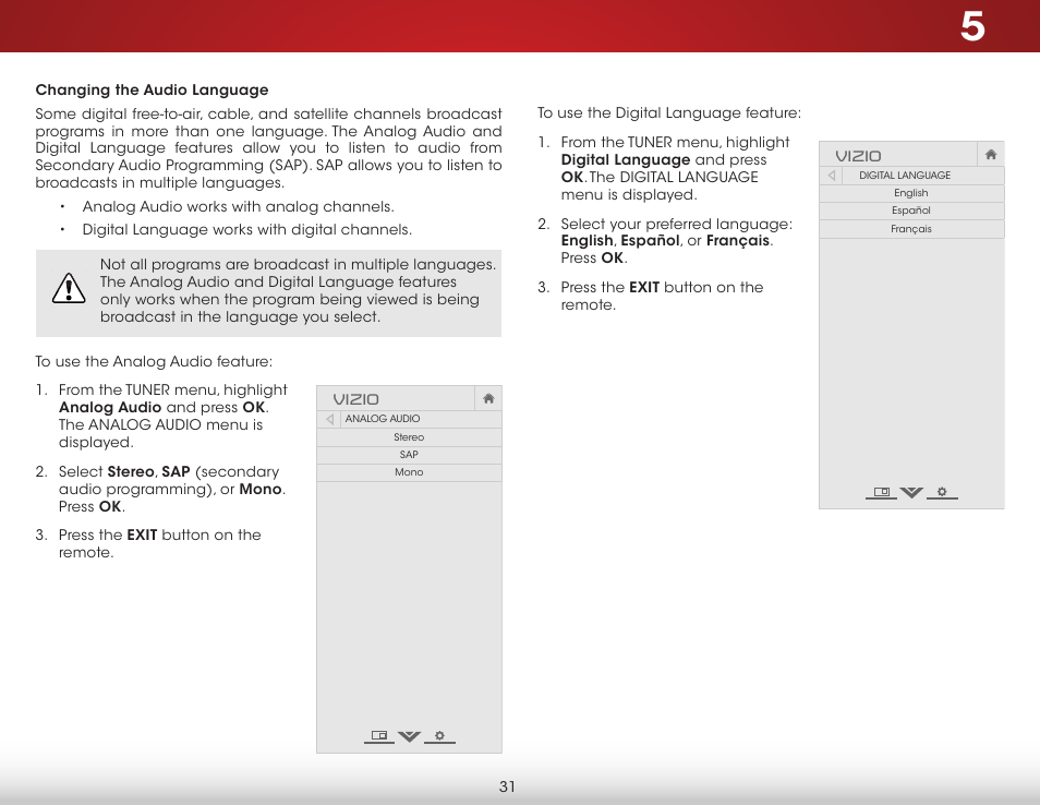 Changing the audio language, Vizio | Vizio E231-B1 - User Manual User Manual | Page 37 / 58