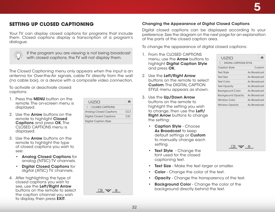 Setting up closed captioning, Changing the appearance of digital closed captions | Vizio E231-B1 - User Manual User Manual | Page 38 / 58