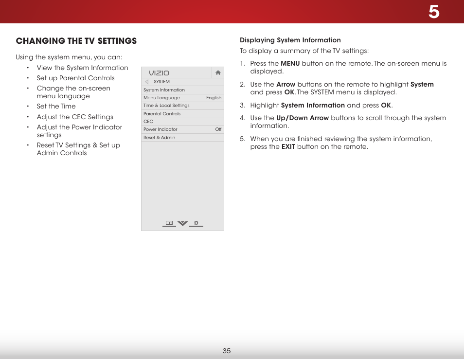 Changing the tv settings, Displaying system information | Vizio E231-B1 - User Manual User Manual | Page 41 / 58
