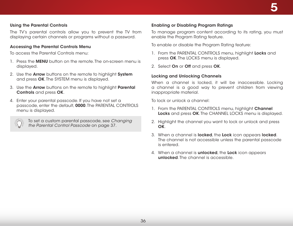 Using the parental controls, Accessing the parental controls menu, Enabling or disabling program ratings | Locking and unlocking channels | Vizio E231-B1 - User Manual User Manual | Page 42 / 58