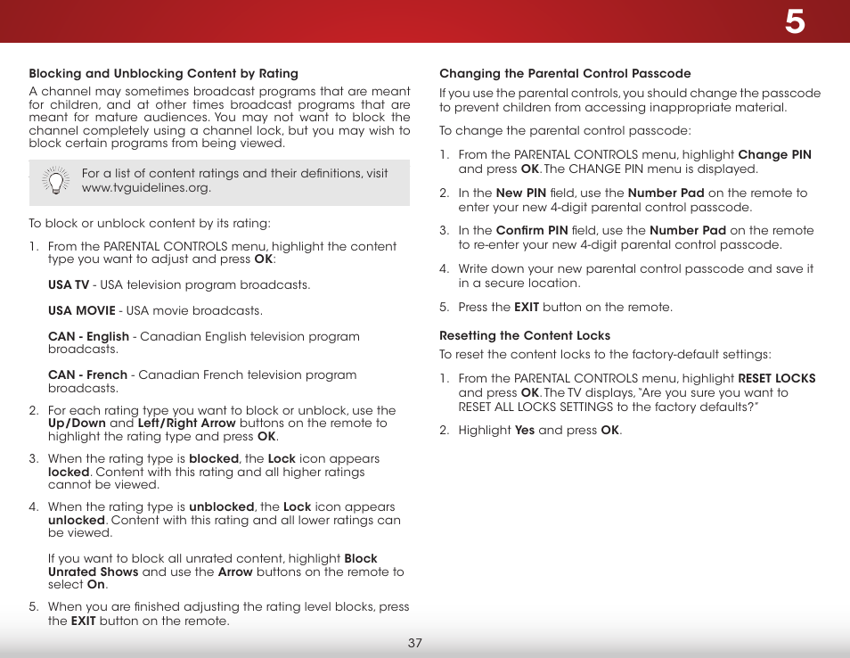 Blocking and unblocking content by rating, Changing the parental control passcode, Resetting the content locks | Vizio E231-B1 - User Manual User Manual | Page 43 / 58