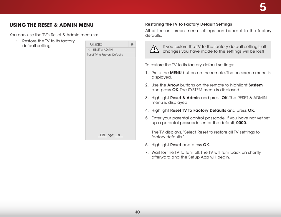 Using the reset & admin menu, Restoring the tv to factory default settings | Vizio E231-B1 - User Manual User Manual | Page 46 / 58