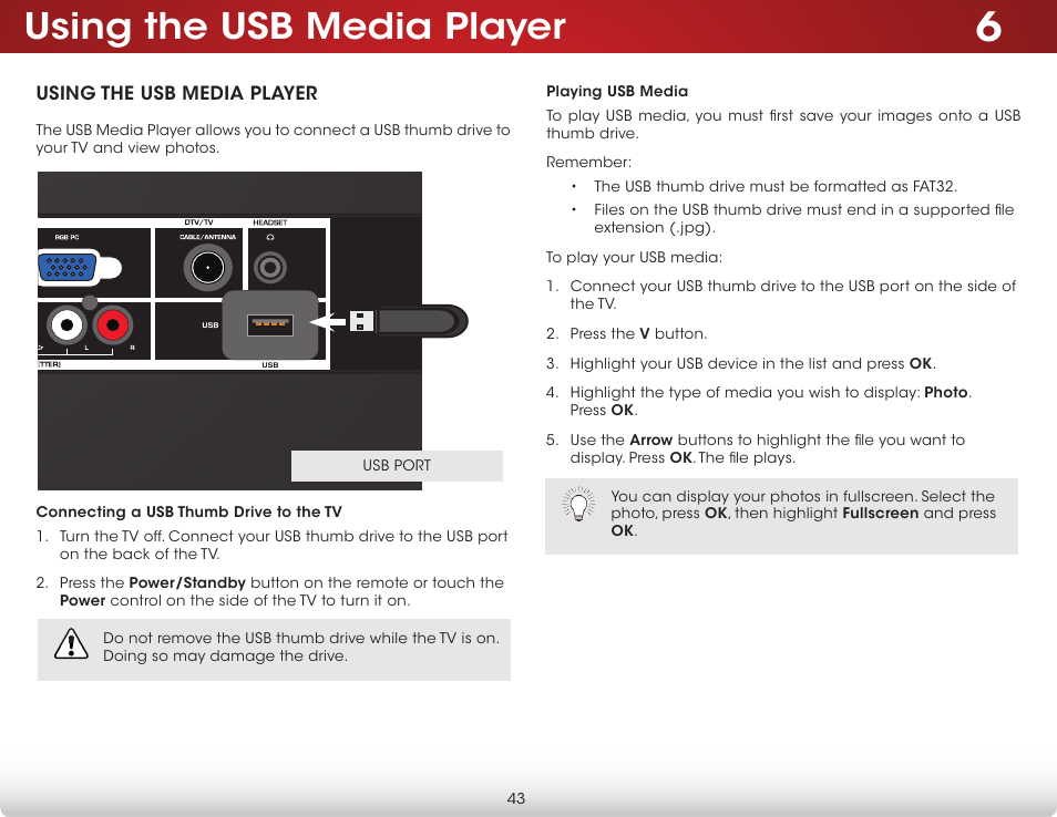 Using the usb media player, Connecting a usb thumb drive to the tv, Playing usb media | Vizio E231-B1 - User Manual User Manual | Page 49 / 58