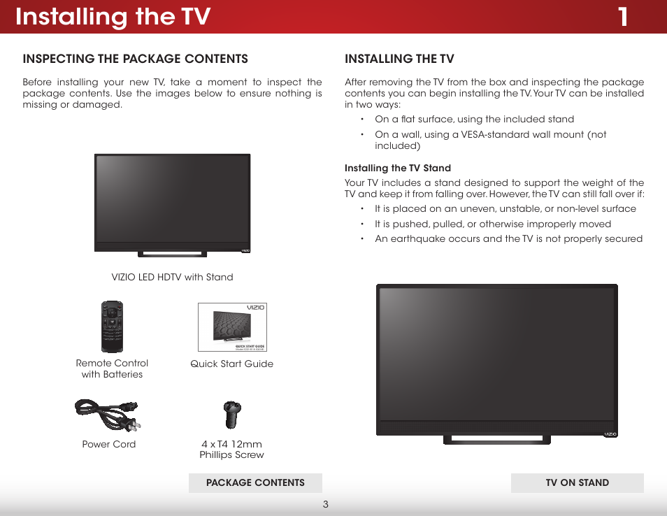 Installing the tv, Inspecting the package contents, Installing the tv stand | Inspecting the package contents installing the tv | Vizio E231-B1 - User Manual User Manual | Page 9 / 58