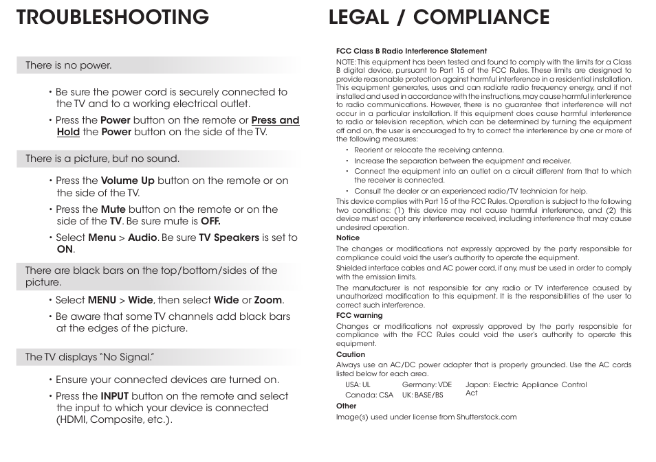 Legal / compliance, Troubleshooting | Vizio E241-B1 - Quickstart Guide User Manual | Page 14 / 16