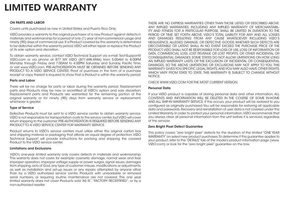 Limited warranty | Vizio E241-B1 - Quickstart Guide User Manual | Page 15 / 16