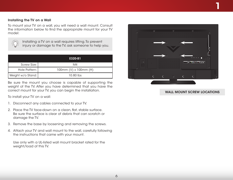 Installing the tv on a wall | Vizio E320-B1 - User Manual User Manual | Page 12 / 57