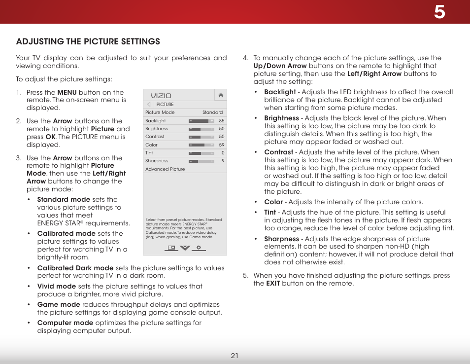 Adjusting the picture settings | Vizio E320-B1 - User Manual User Manual | Page 27 / 57