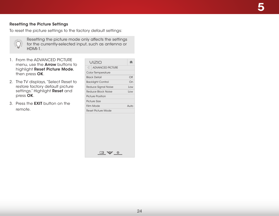 Resetting the picture settings, See resetting the picture settings, Vizio | Vizio E320-B1 - User Manual User Manual | Page 30 / 57