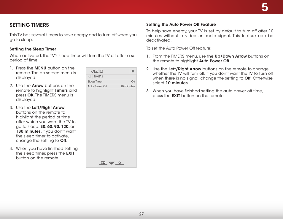 Setting timers, Setting the sleep timer, Setting the auto power off feature | Vizio E320-B1 - User Manual User Manual | Page 33 / 57