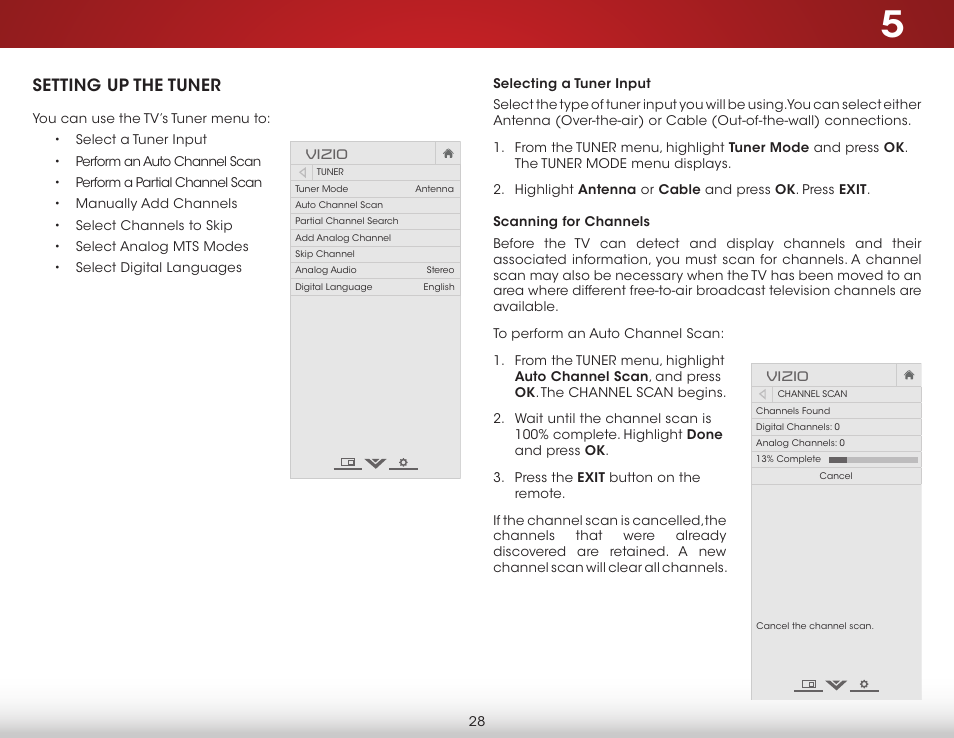 Setting up the tuner, Selecting a tuner input, Scanning for channels | Selecting a tuner input scanning for channels, Vizio | Vizio E320-B1 - User Manual User Manual | Page 34 / 57