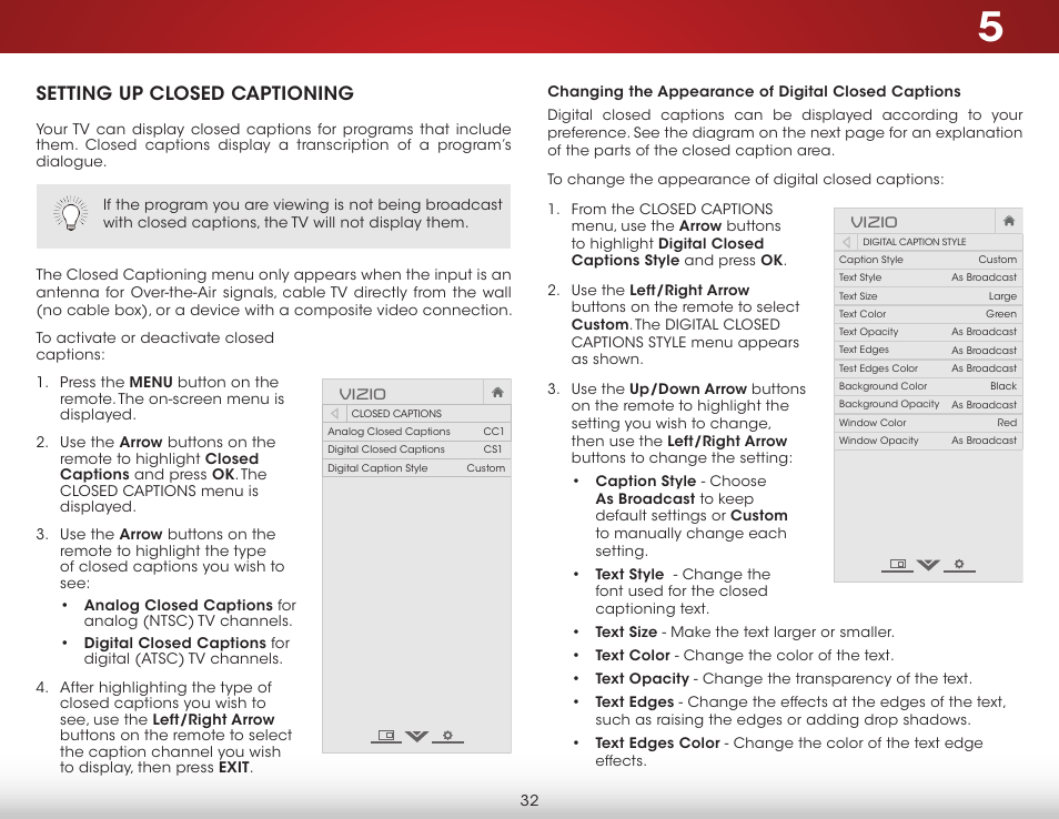 Setting up closed captioning, Changing the appearance of digital closed captions | Vizio E320-B1 - User Manual User Manual | Page 38 / 57