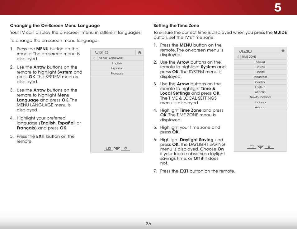Changing the on-screen menu language, Setting the time zone, Vizio | Vizio E320-B1 - User Manual User Manual | Page 42 / 57
