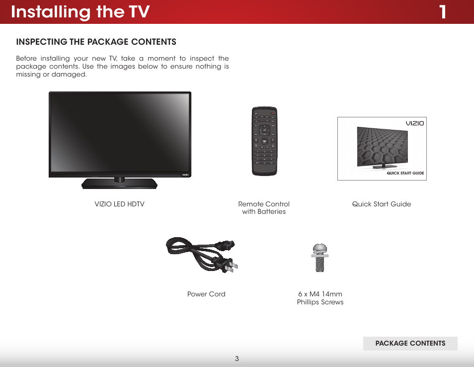 Installing the tv, Inspecting the package contents | Vizio E320-B1 - User Manual User Manual | Page 9 / 57