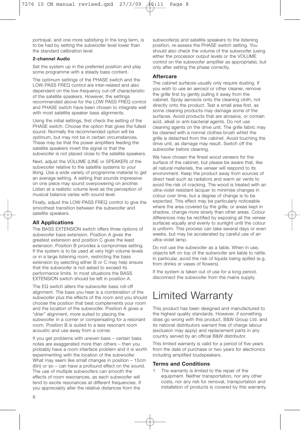 Limited warranty | Bowers & Wilkins ASW 10CM User Manual | Page 11 / 104