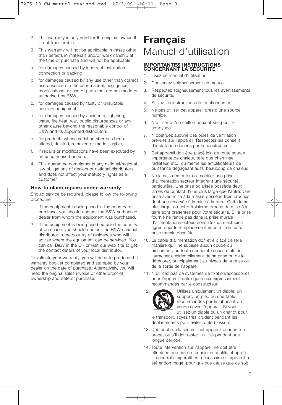 Français manuel d’utilisation | Bowers & Wilkins ASW 10CM User Manual | Page 12 / 104