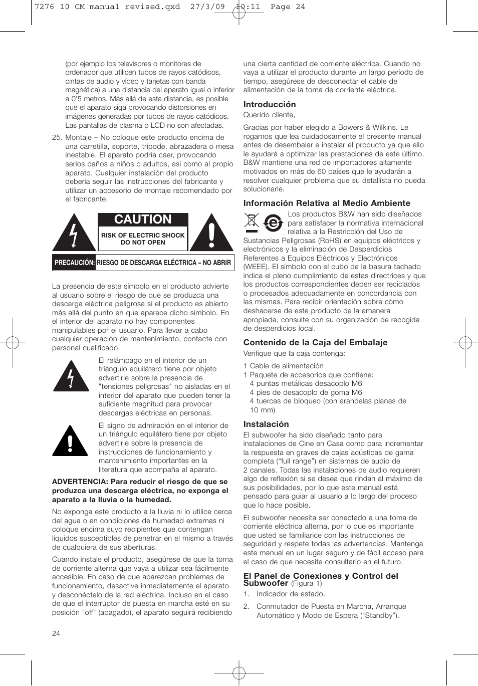 Caution | Bowers & Wilkins ASW 10CM User Manual | Page 27 / 104