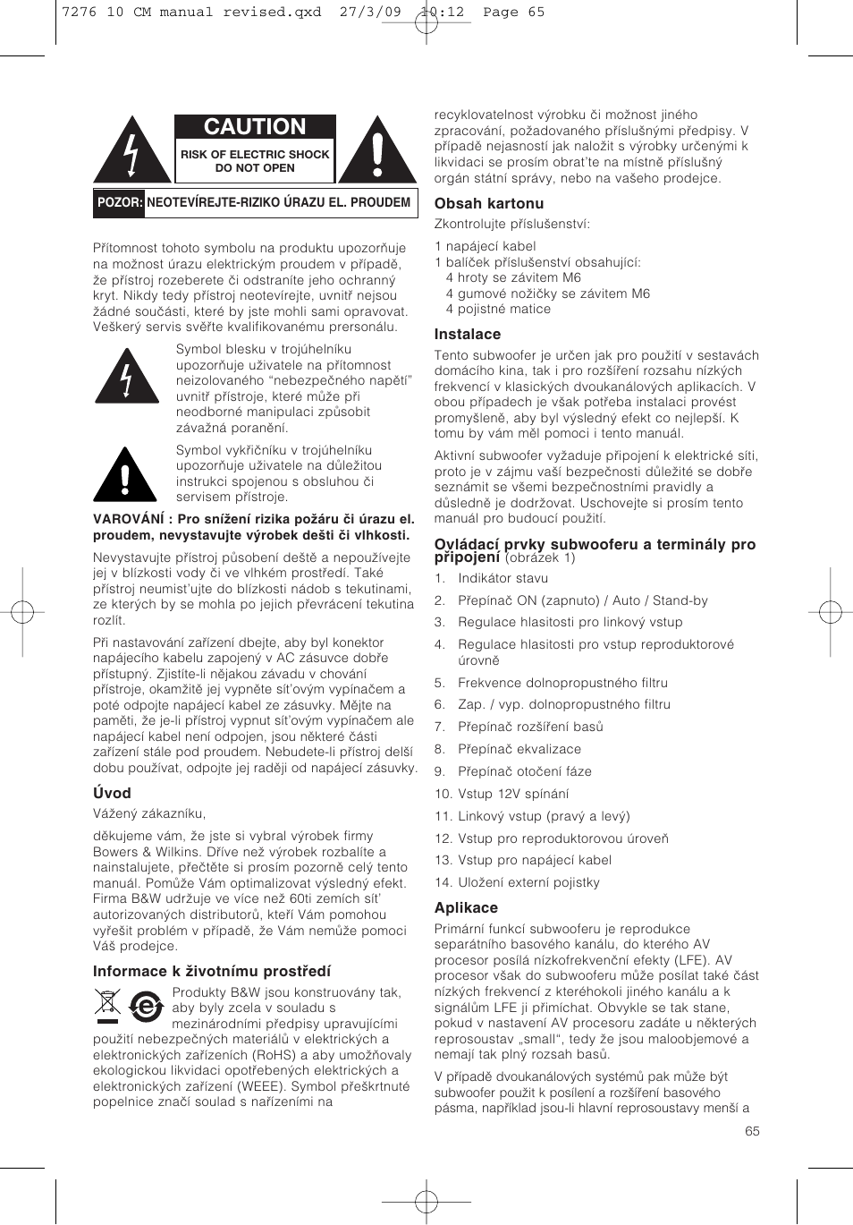 Caution | Bowers & Wilkins ASW 10CM User Manual | Page 68 / 104