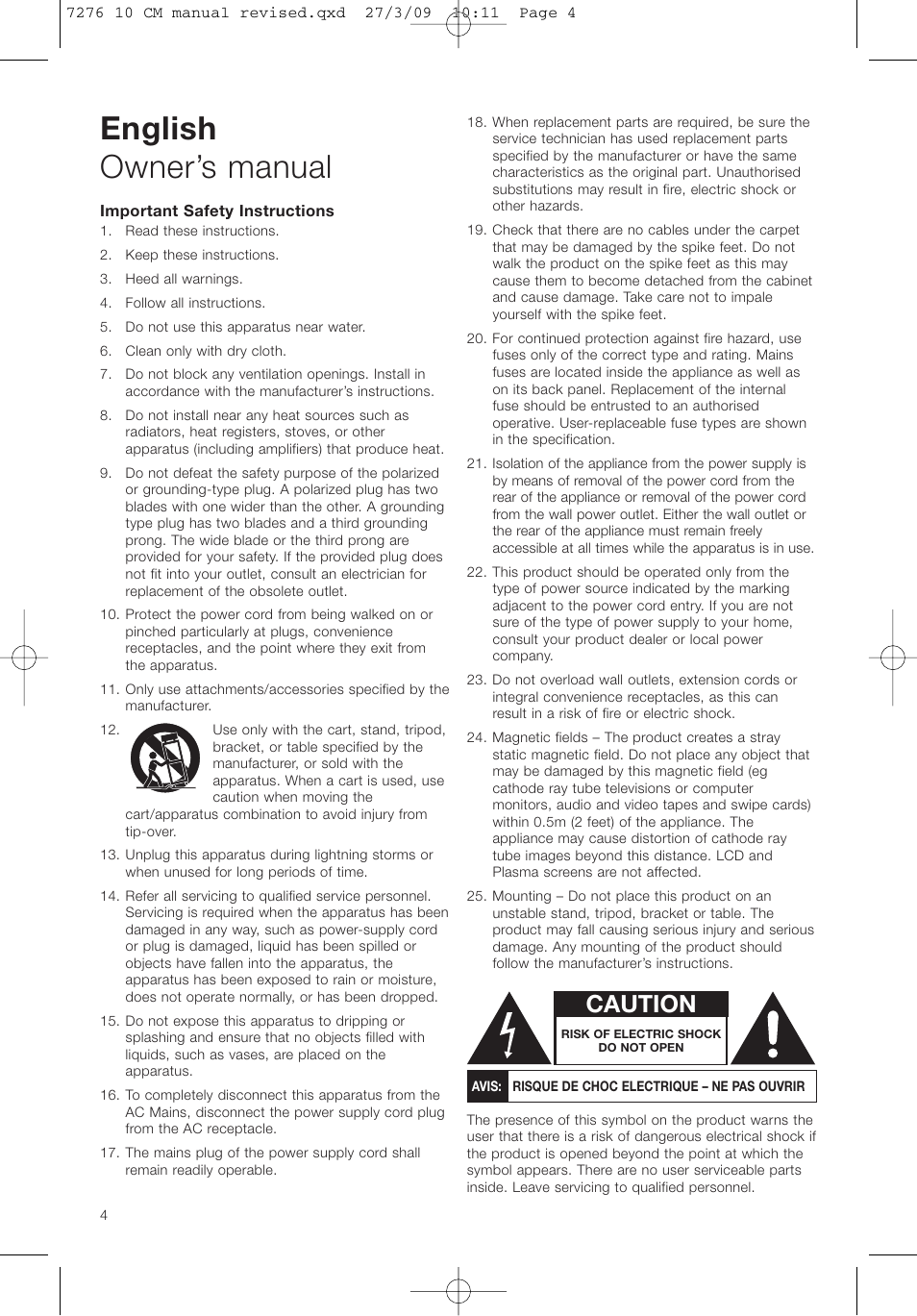 English owner’s manual, Caution | Bowers & Wilkins ASW 10CM User Manual | Page 7 / 104