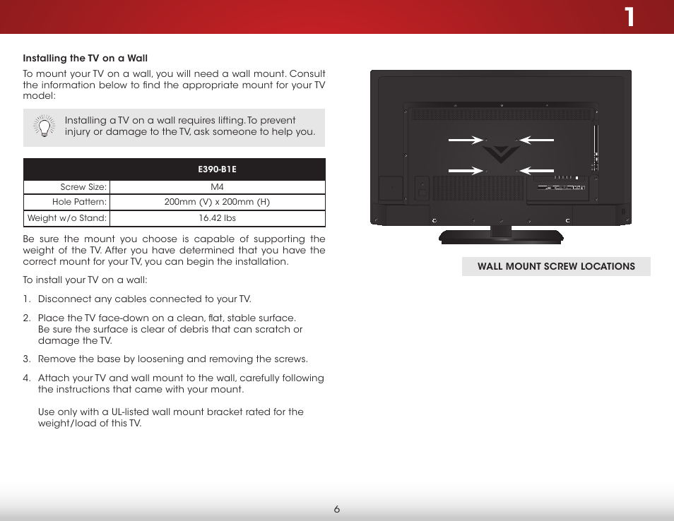 Installing the tv on a wall | Vizio E390-B1E - User Manual User Manual | Page 12 / 57