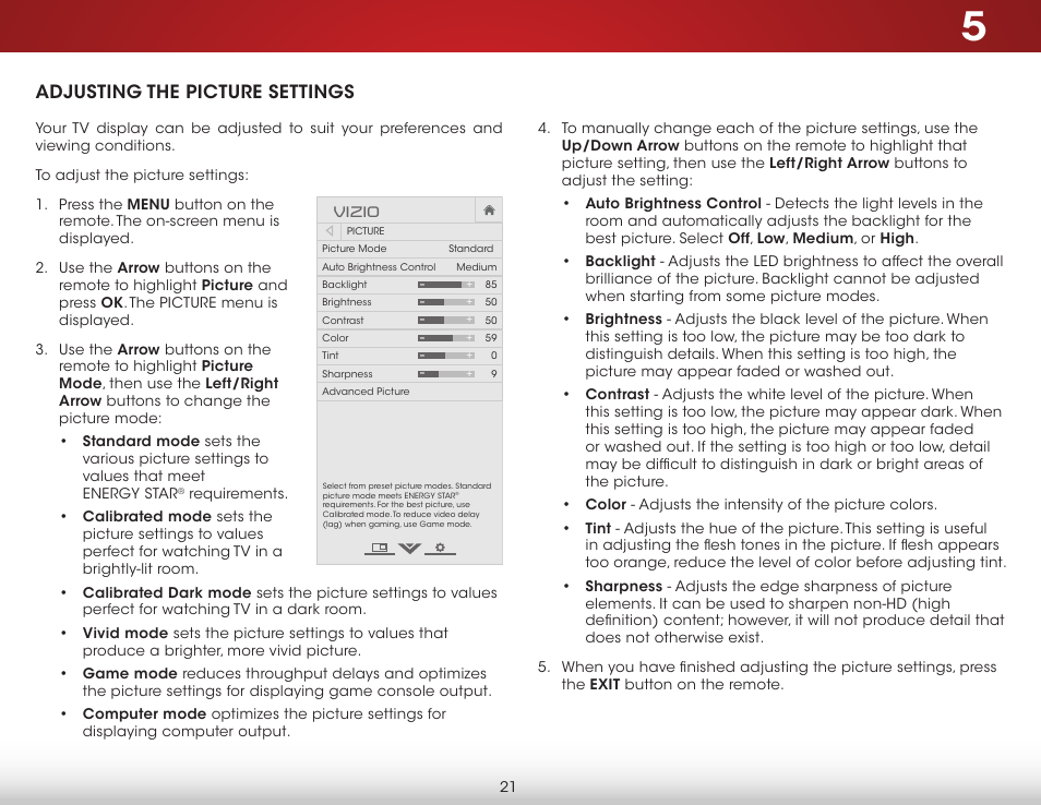 Adjusting the picture settings | Vizio E390-B1E - User Manual User Manual | Page 27 / 57