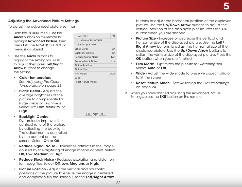 Adjusting the advanced picture settings | Vizio E390-B1E - User Manual User Manual | Page 28 / 57